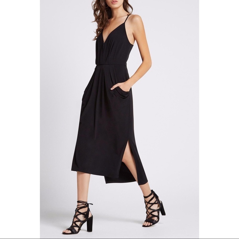 BCBGeneration Black Pencil Slit V-Neck Faux Wrap Midi Dress with Pockets NWT